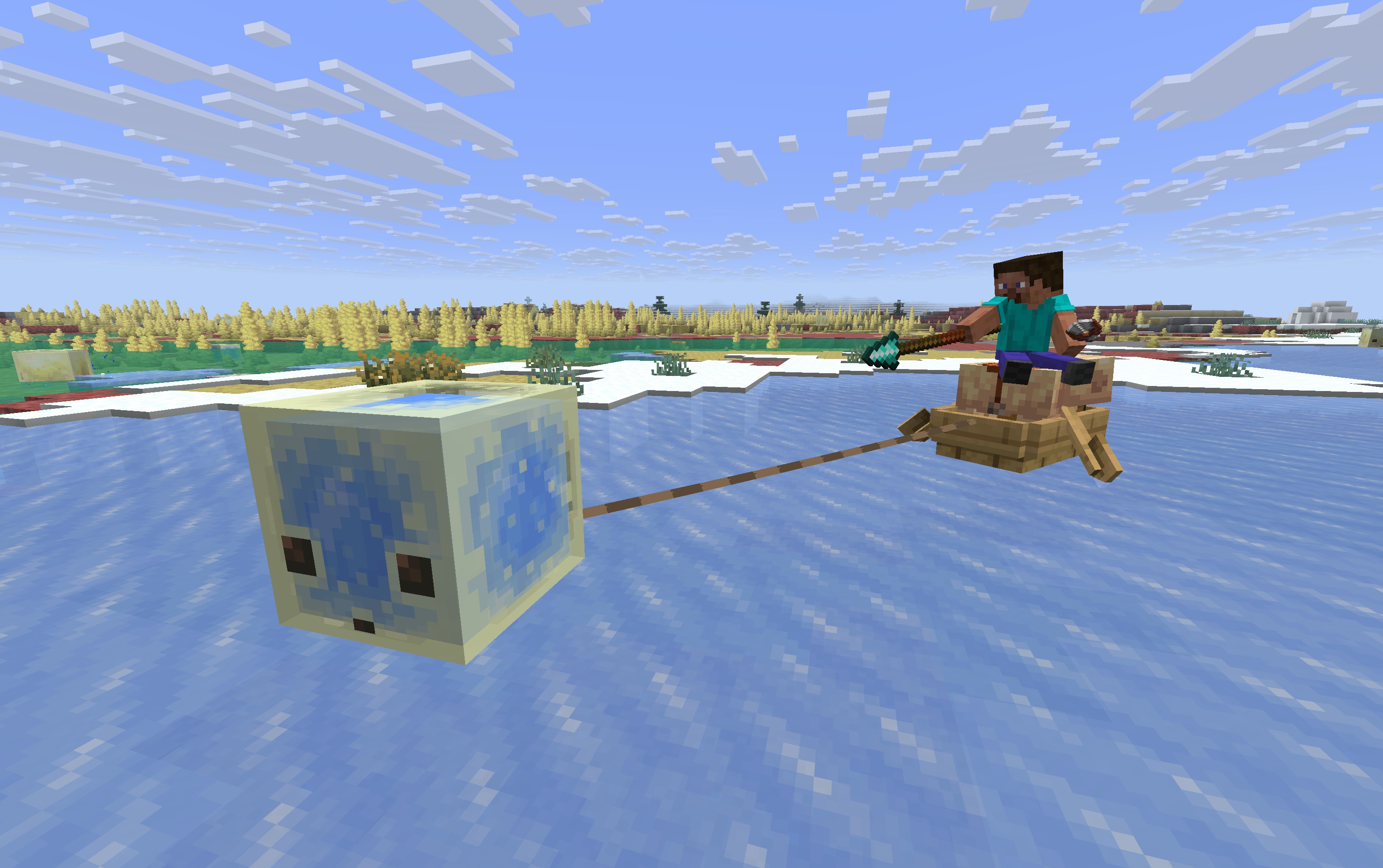 Steve is riding a Pig in a Boat leashed to a Blue Ice absorbed Sulfur Cube, holding a Diamond Spear.